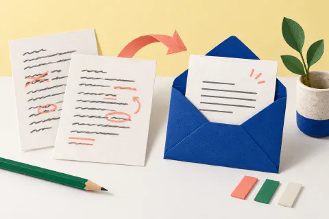 Illustration of revised drafts leading to a clear letter in an envelope.